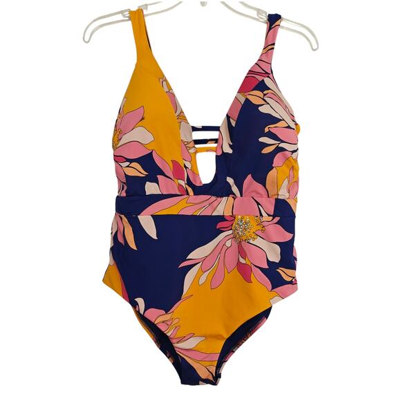 Trina Turk Breeze Floral Plunge Maillot One Piece Swimsuit Size 14 Colorful - Picture 2 of 12